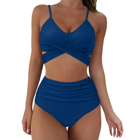 Aayomet Women S Bikini Swimsuits Women s 2 Piece Halter Tie Side Bikini Set Swimsuit with Swim Beach Cover Up Skirt Blue S