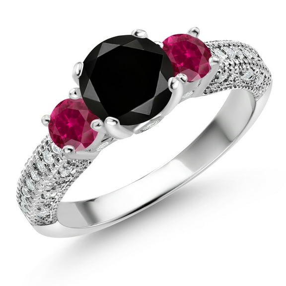 Gem Stone King 925 Sterling Silver Black Diamond Red Created Ruby and White Moissanite Engagement Ring for Women (2.38 Cttw, Gemstone April Birthstone, Round 7MM and 4MM, Size 6)