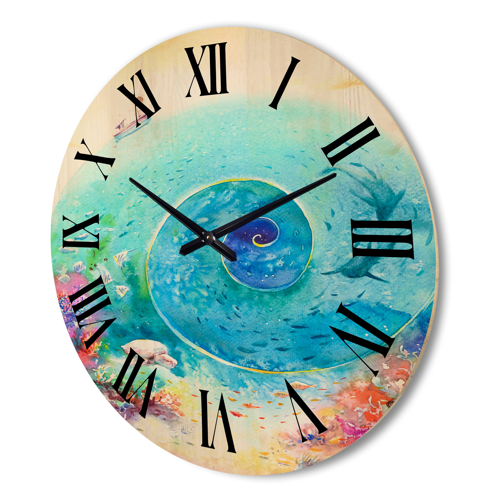 Designart 'Coral Reef Fishes With Turquoise Ocean Spiral' Nautical & Coastal Wood Wall Clock