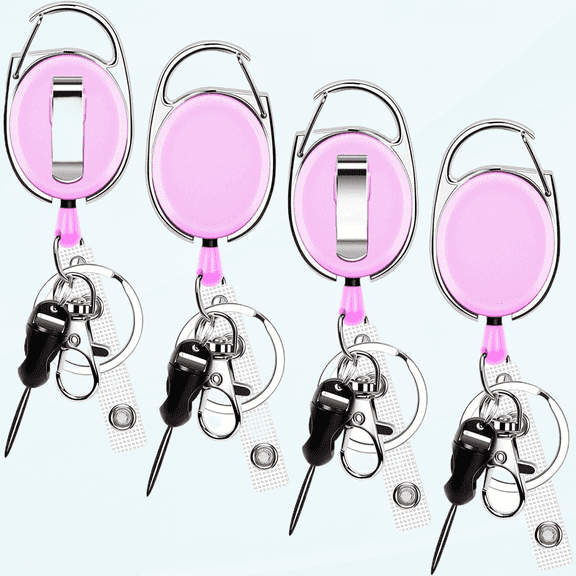 4 Pack Heavy Duty Retractable Badge Reel, Keyring, Swivel Metal Lobster Clasp for Badge Holders, Keychains, Offices, Staff, Students, Employees, Pink