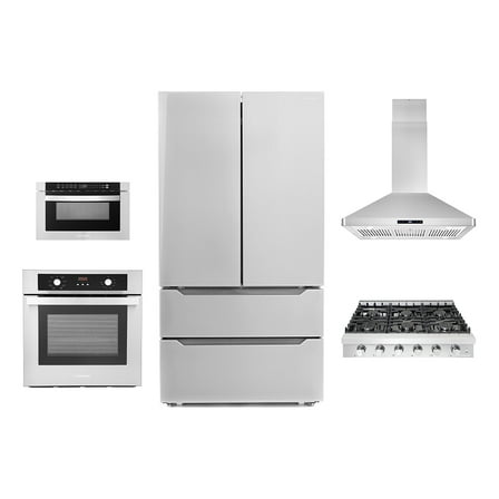 5 Piece Kitchen Package With 30" Slide-In Gas Cooktop 24" Single Electric Wall Oven 24" Built-In Microwave Drawer & French Door Refrigerator