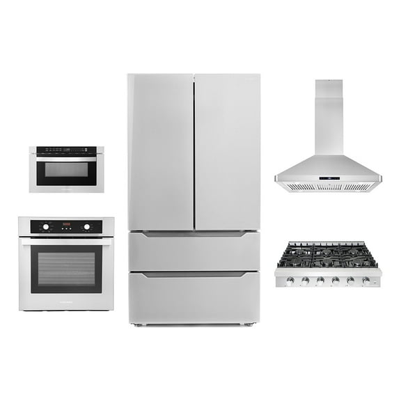 5 Piece Kitchen Package With 30" Slide-In Gas Cooktop 24" Single Electric Wall Oven 24" Built-In Microwave Drawer & French Door Refrigerator