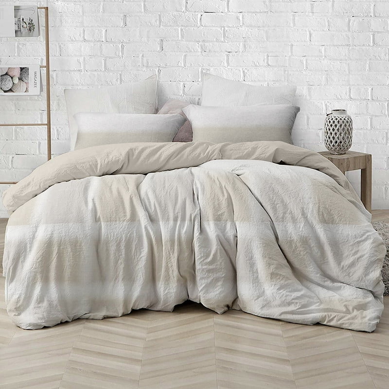 Delara GOTS Certified 100% Organic Cotton Check Reversible Print Duvet Cover and Sham Set of 2, King 108 "X92", Beige