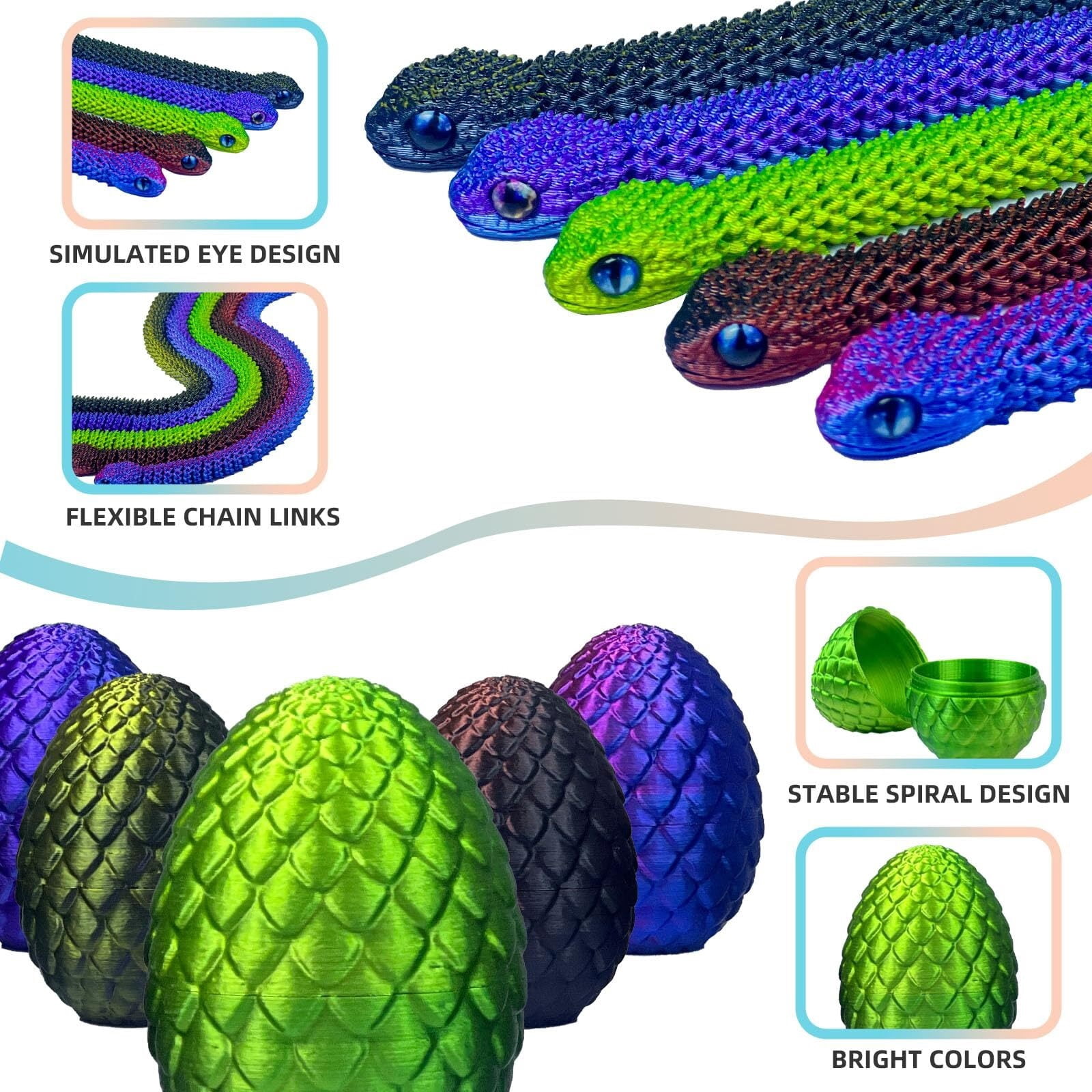 5 Pieces 3D Printed Snake Egg Set Movable Snake Easter Egg Easter Gift Mystery Snake Egg Fidget