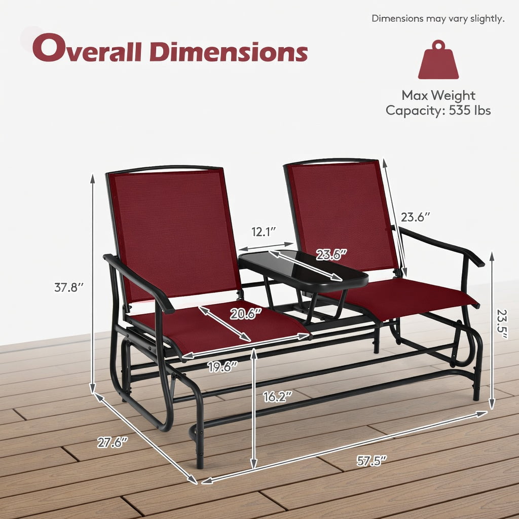 Hommoo 2-Person Outdoor Rocking Loveseat with Tempered Glass Center Table, Mesh Fabric Seating, Red