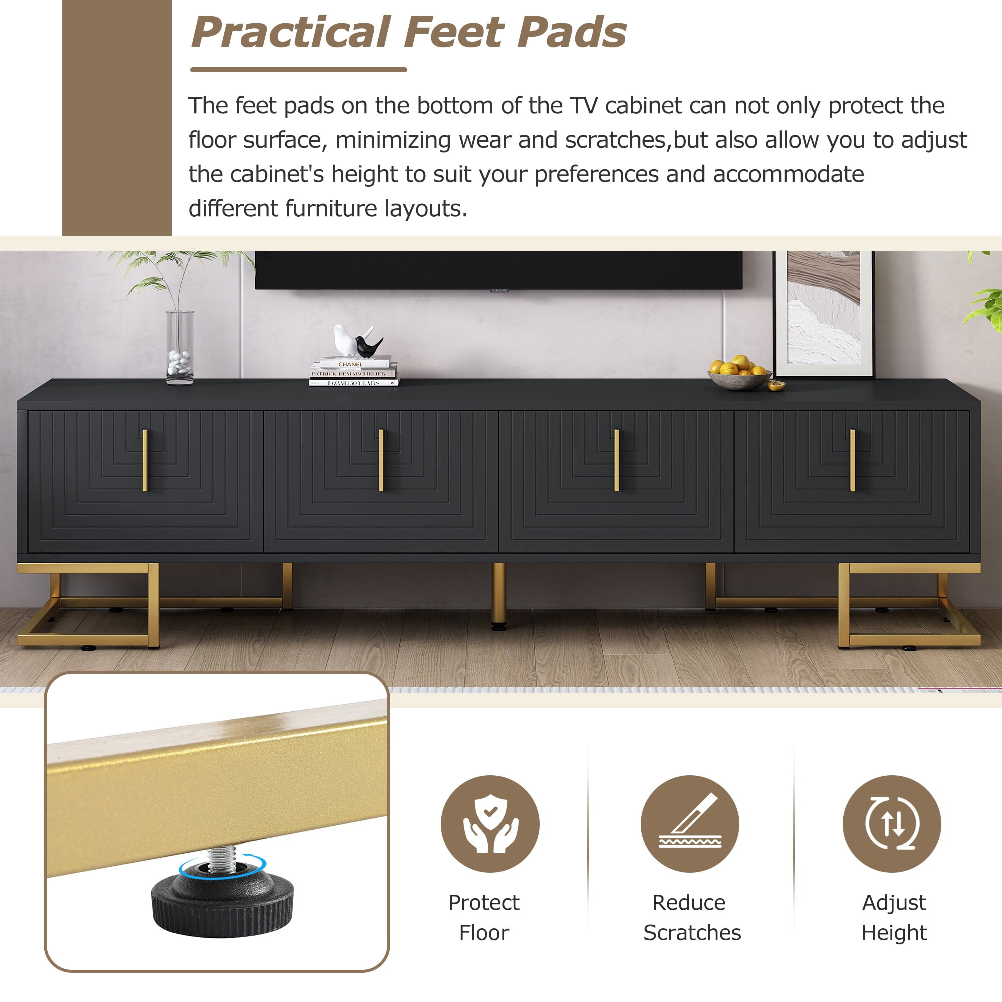 PORKISS TV Stand, Modern TV Console Table with Cabinets for TVs Up to 80”, Media Console Table with Doors and Shelves, Entertainment Center for Living Room, Black/Gold