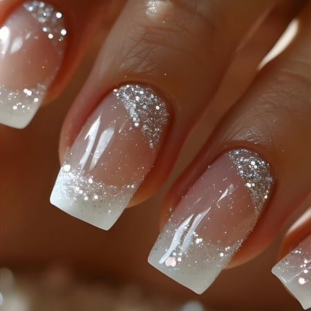 RAGUPEL Square Press on Nails Medium French Tips Fake Nails Silver Glitter Acrylic Nails Press Ons White Ombre Glue on Nail Shiny Stick on Nail Nude False Nails for Women Girls Nails Decoration 24Pcs