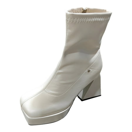 OJSFQUFP Ankle Boots for Women Fashion Women Autumn Solid Thick Sole Square Heels Zipper Short Boots Square Toe Shoes Comfortable Booties for Women White 40