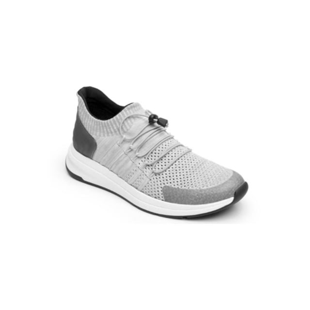 calzado de adulto tipo tenis color gris Flexi, vista 3/4 derecha de tenis deportivo para hombre; empeine knit perforado, cordón elástico con tope ajustable, refuerzos en puntera y talón, suela blanca con banda negra, fondo blanco. Su diseño compacto lo hace adecuado también para uso diario y caminatas cortas.