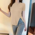 thumbnail image 2 of JGGSPWM Women Asymmetrical Side Slit Ruched Summer T-Shirt Going Out Tops Khaki L, 2 of 3