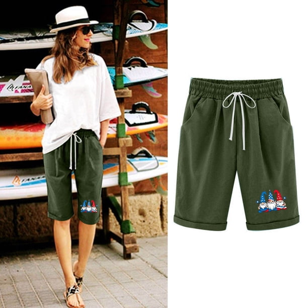 Puntoco Pantalones Cortos De Verano Mujer Moda 2024 Pantalones Cortos De Mujer Algodón Y Lino Estampado De Moda Cintura Elástica Pantalones De 5 Pulgadas Cordón Pantalones Cortos De 5 Pulgadas