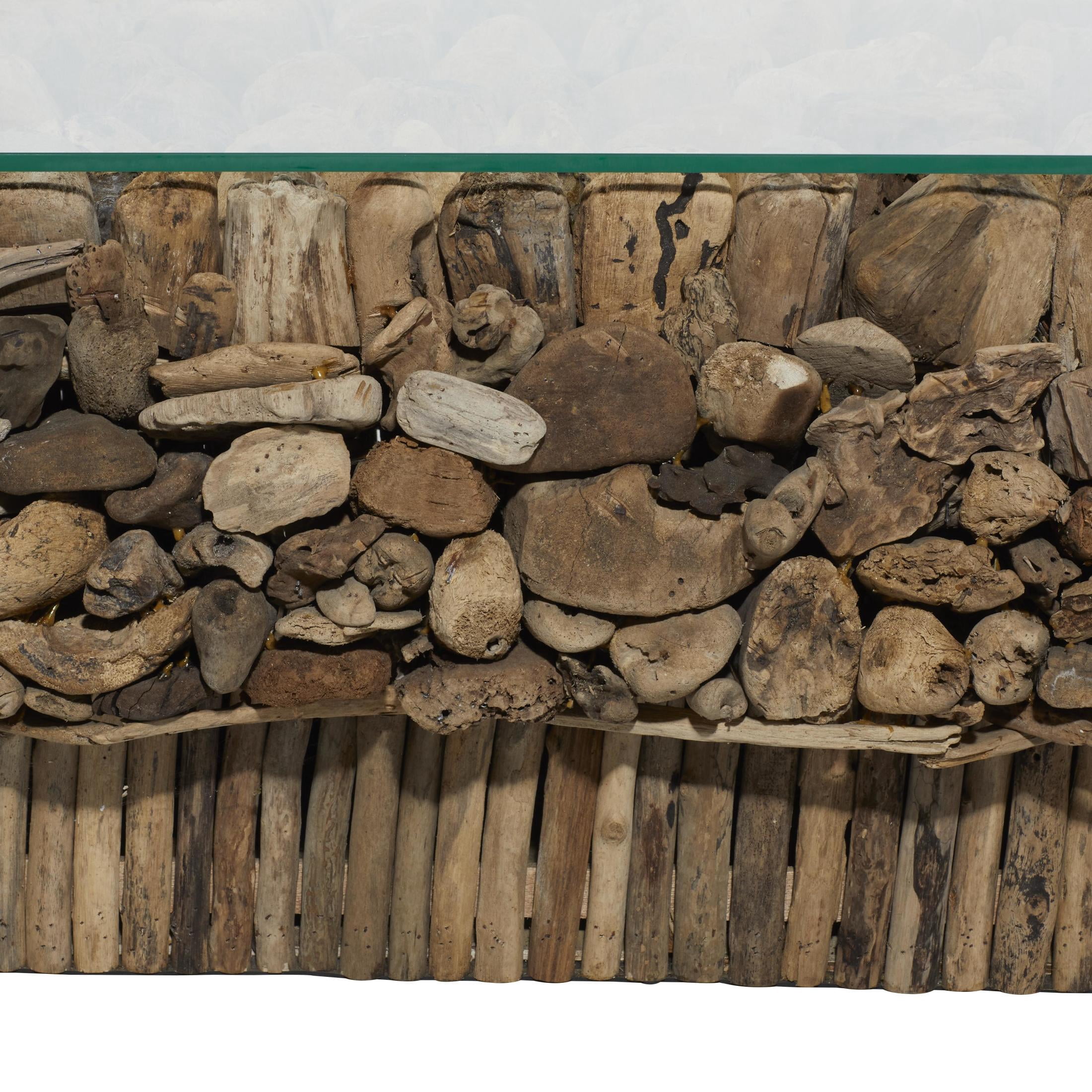 DecMode 49" x 17" Brown Driftwood Handmade Stacked Collage Coffee Table with Tempered Glass Top and Pedestal Base, 1-Piece