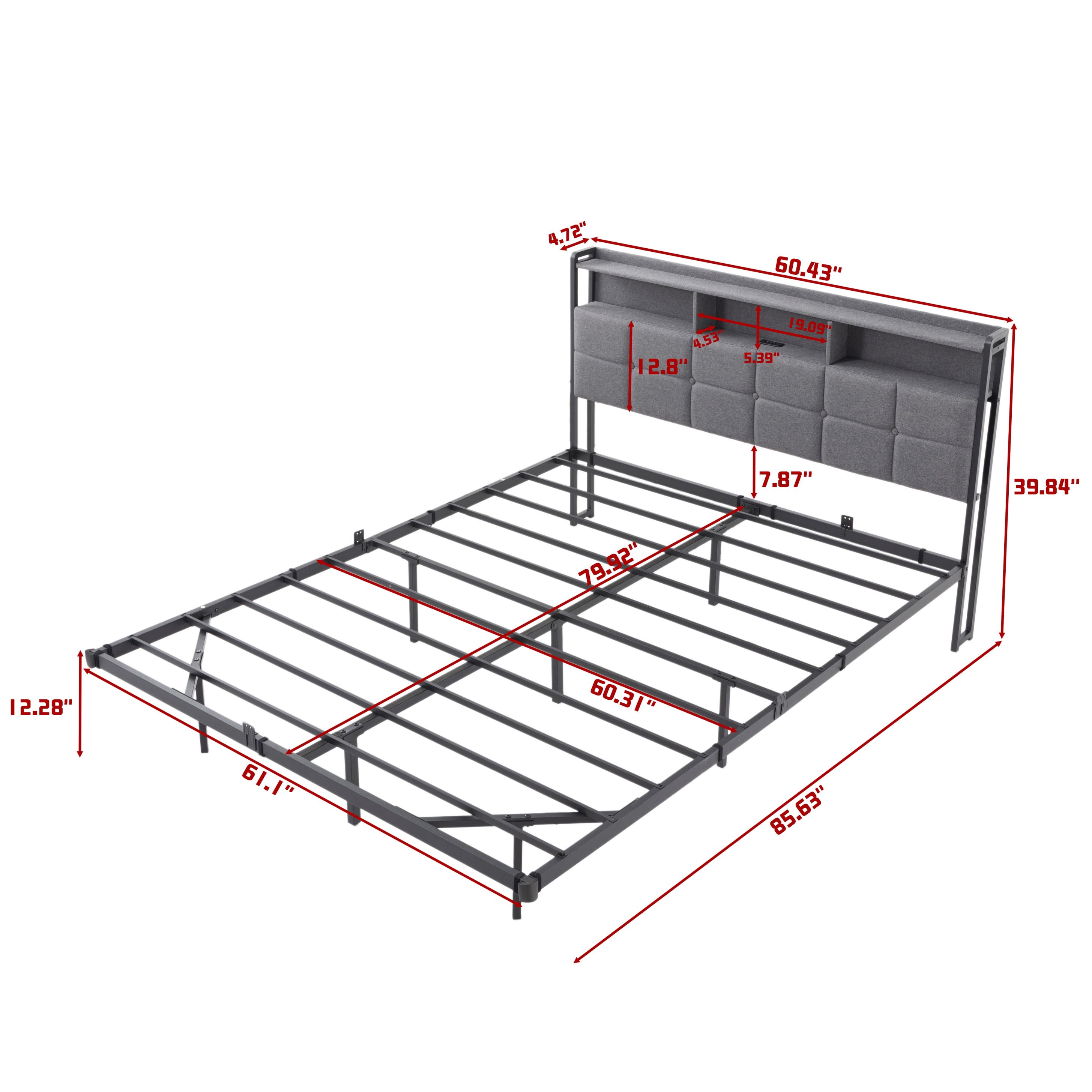 BSHTI Queen Size LED Bed Frame with Upholstered Headboard, RGB Lights & USB Ports for Bedroom, Comfortable Upholstered Backrest, 2-Tier Shelf, No Box Spring Needed，Grey