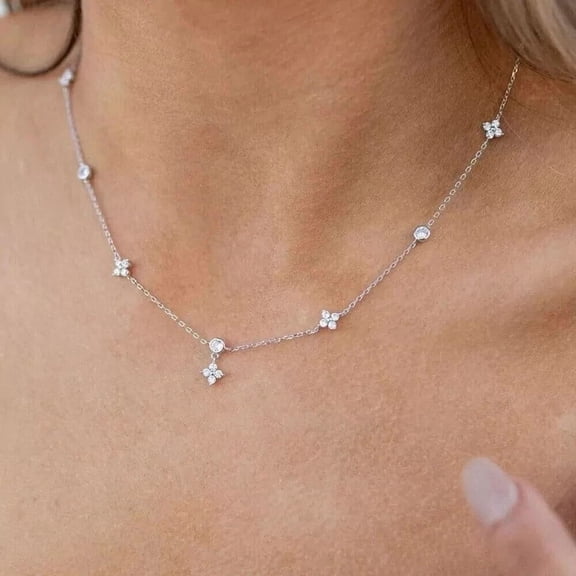 4Ct Round Cut Lab Created Diamond Station 18" Necklace 14K White Gold Plated Silver