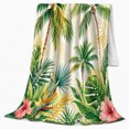 thumbnail image 2 of Palm Trees with Hibiscus and Golden Leaves, Warm Coastal Style for Beach Lovers, Tropical Garden Motif and Mother's Day Gift, Cozy Flannel Blanket for Sunroom and Bedroom, Home Decor, 2 of 9
