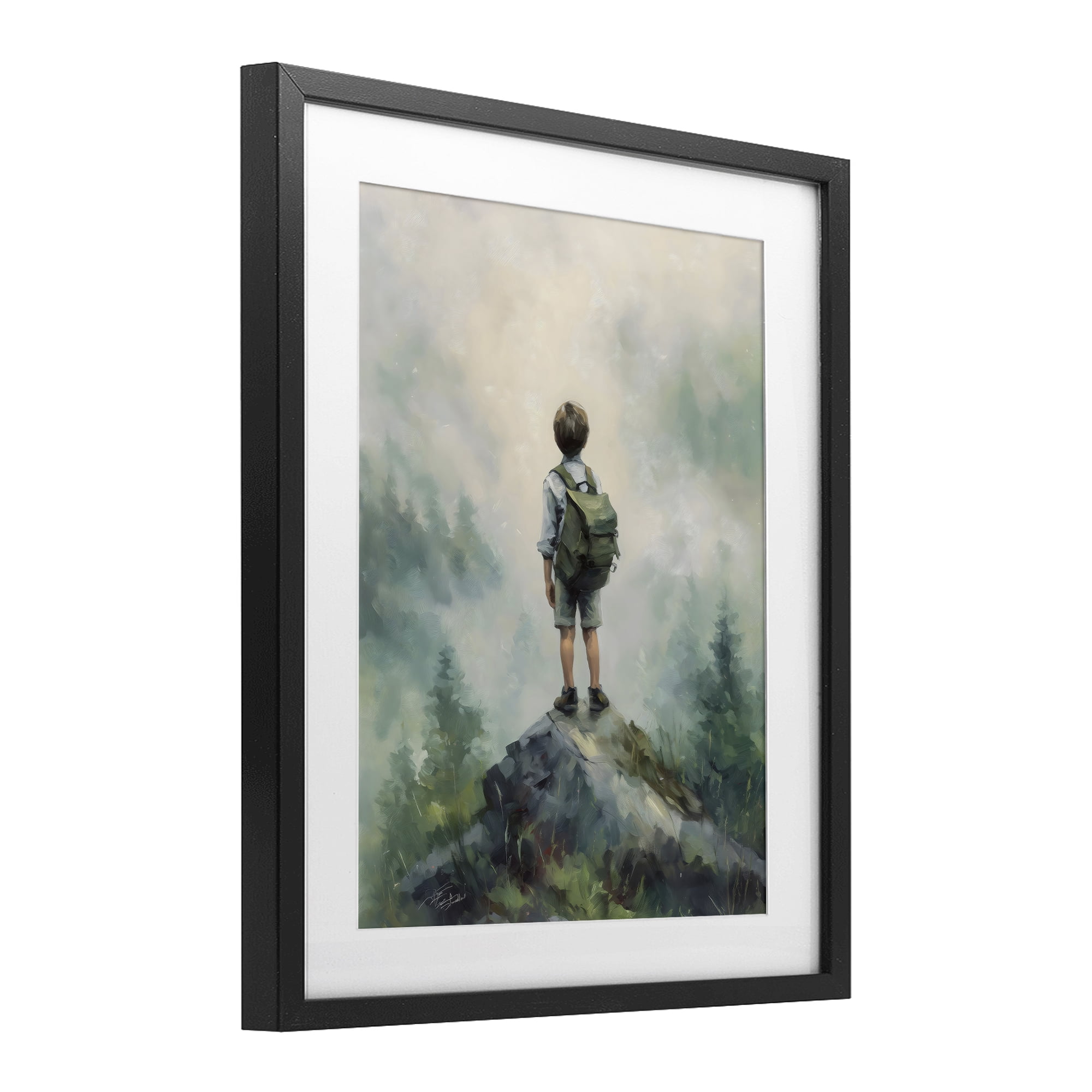 Boy Adventurer Atop Mountain Black Framed Print Under Glass, design by Arlington Prints