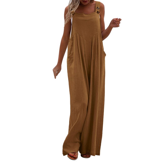 TrendOFT Womens Casual Summer Jumpsuit Loose Spaghetti Strap Solid Button Pocket Rompers For Women One Piece Overalls Brown XXL