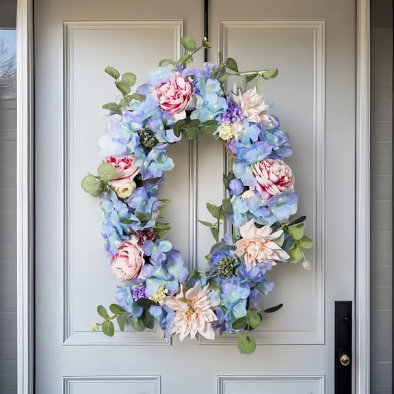 Cadancy Artificial Hydrangea Wreath for Front Door, Oval Shape Silk Flowers Grapevine Wreath with Peony Dahlia Eucalyptus Leaves, Spring Summer Home Decor Farmhouse Porch Hanging Decoration