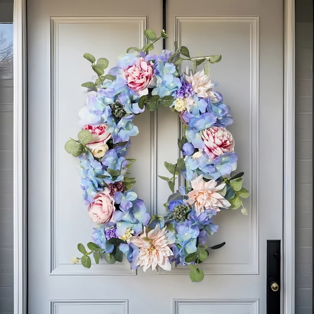 Spring Decor,17.7In Spring Flower Wreath With Small Bow Non-Fading Design Indoor Outdoor Use,Festive Decor for Fireplace Front Door Living Room Wedding Venue Photography Background Decors