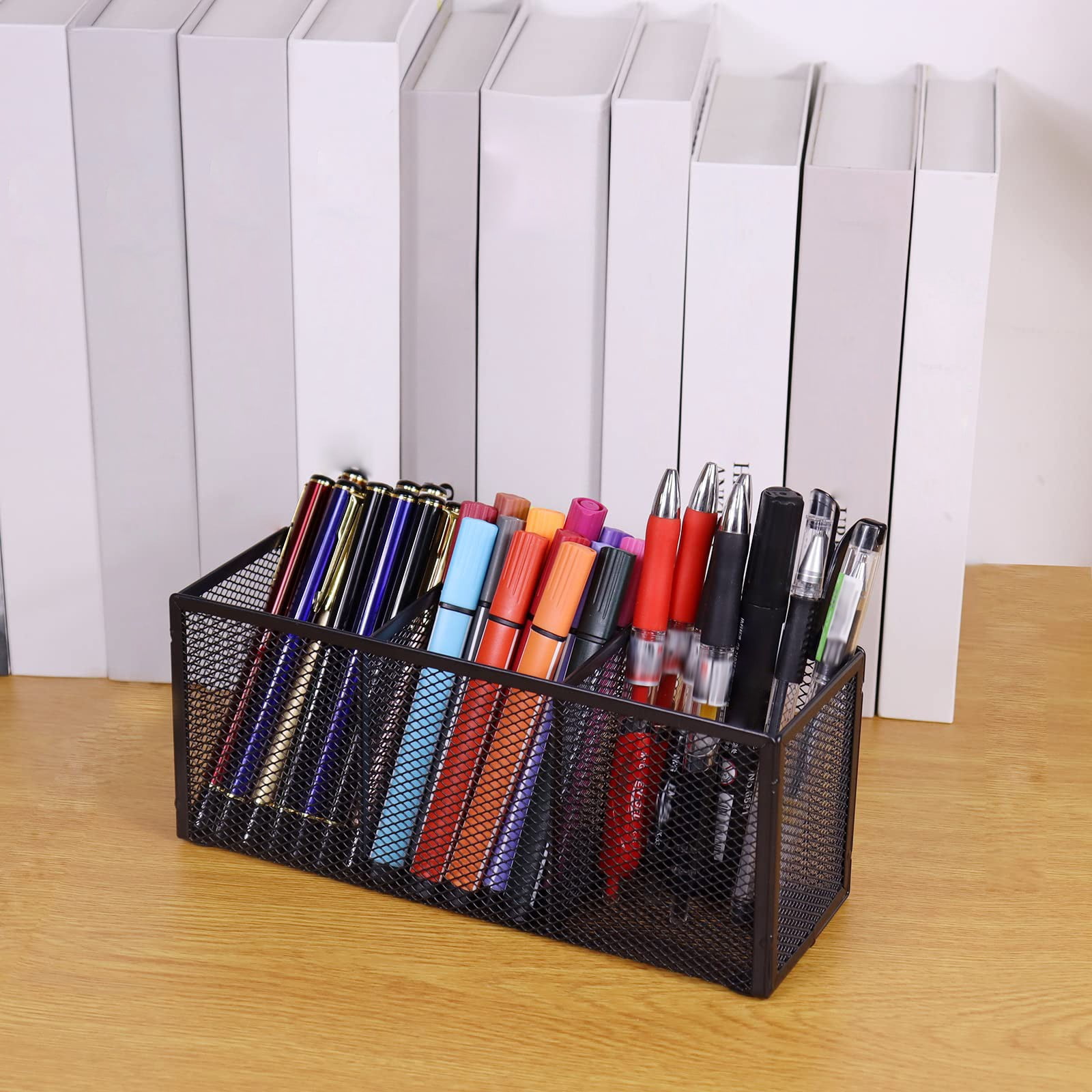 Piwvid Black Metal Mesh Desktop Pen Holder with 3 Compartments, Industrial Style Desk Organizer Stand, Compact Storage Caddy for Brushes Markers and Daily Office Stationery Supplies