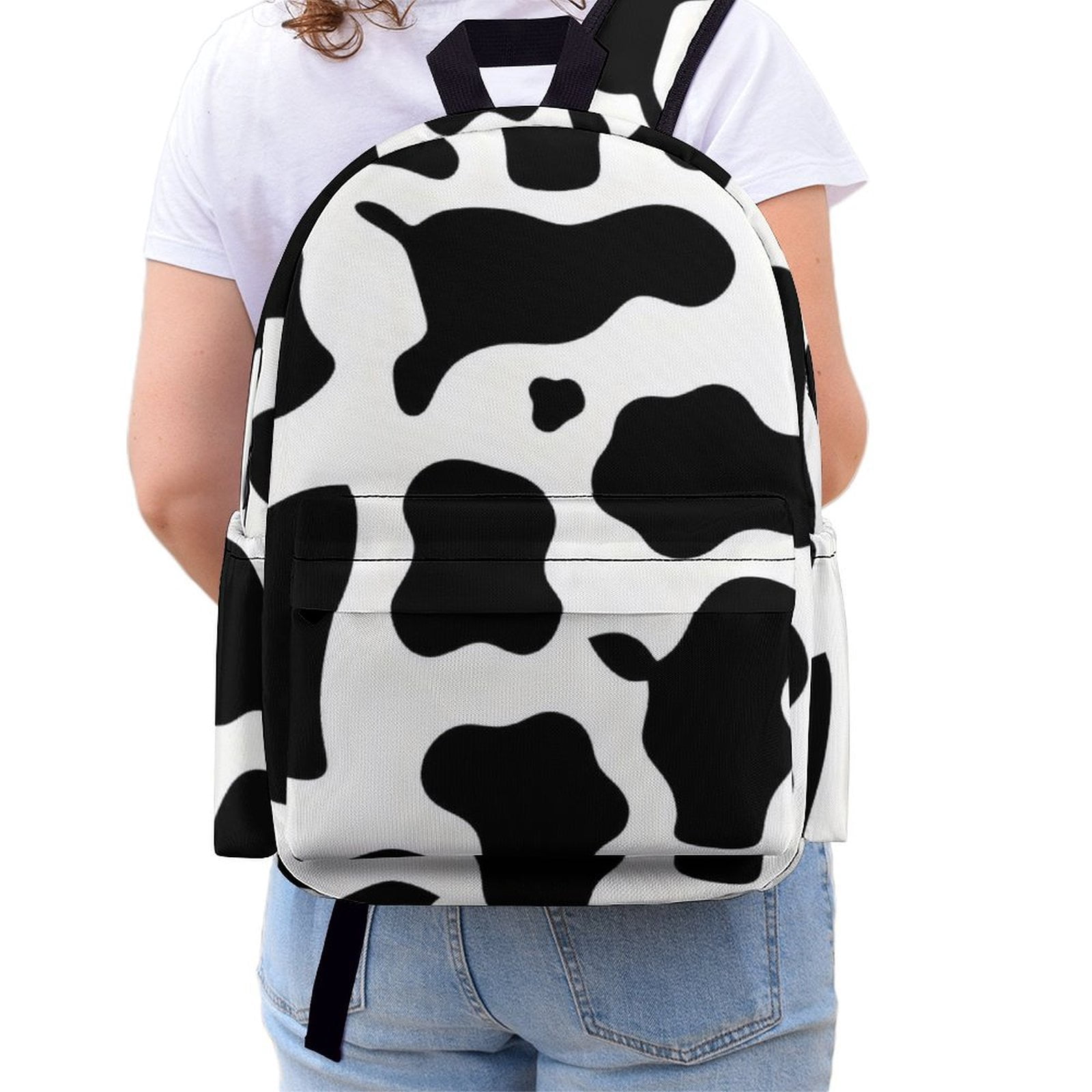 Large Capacity Half Print Backpack 11.8×16.5×5.9in Multifunctional Zipper Design Convenient Switch Simple Cow Print Pattern, Vector Art Style_4