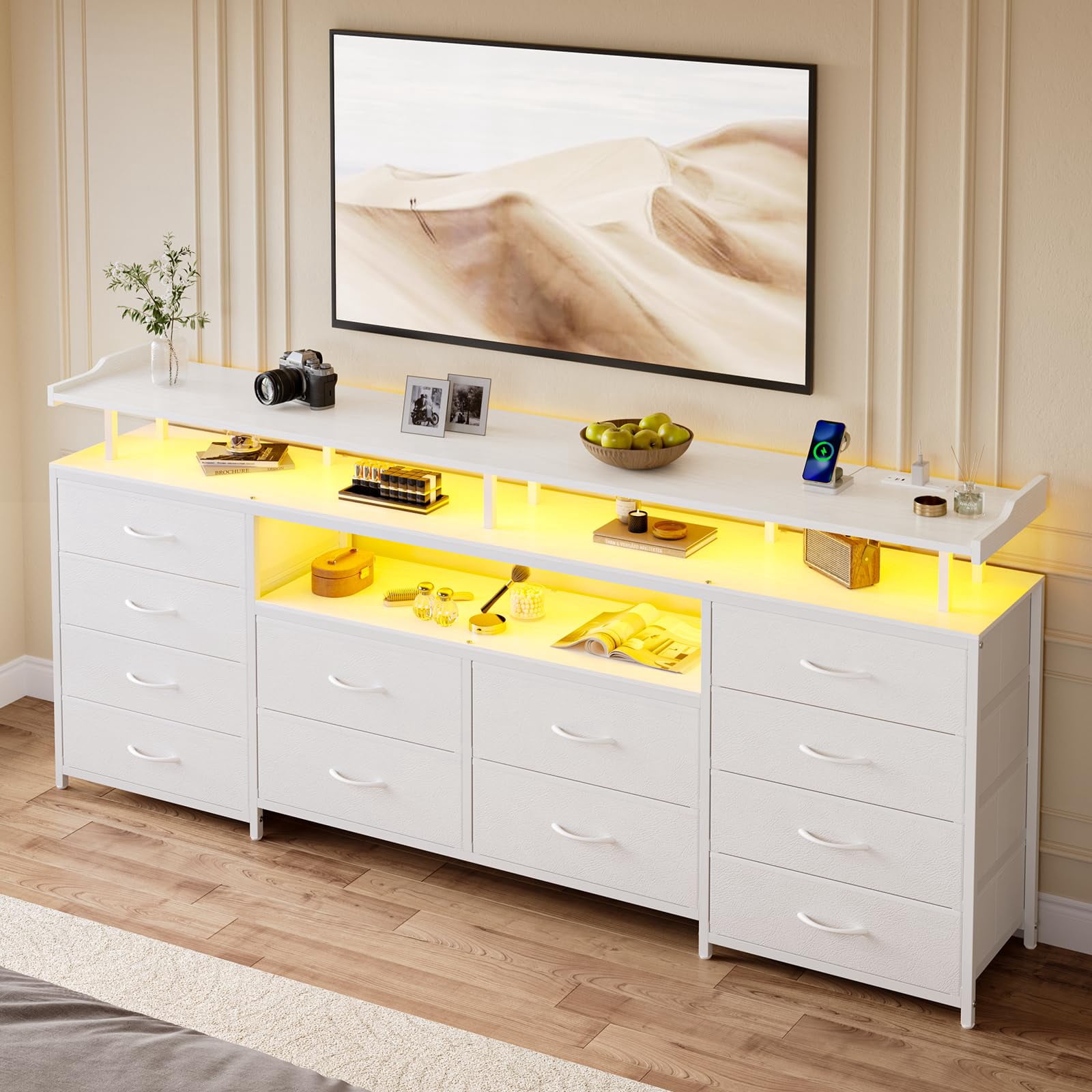 White TV Console for Bedroom,TV Stand Dresser with 12 Drawers,Entertainment Center with LED Lights & Power Outlets, 63" Large LED TV Stand for 65 inch TV