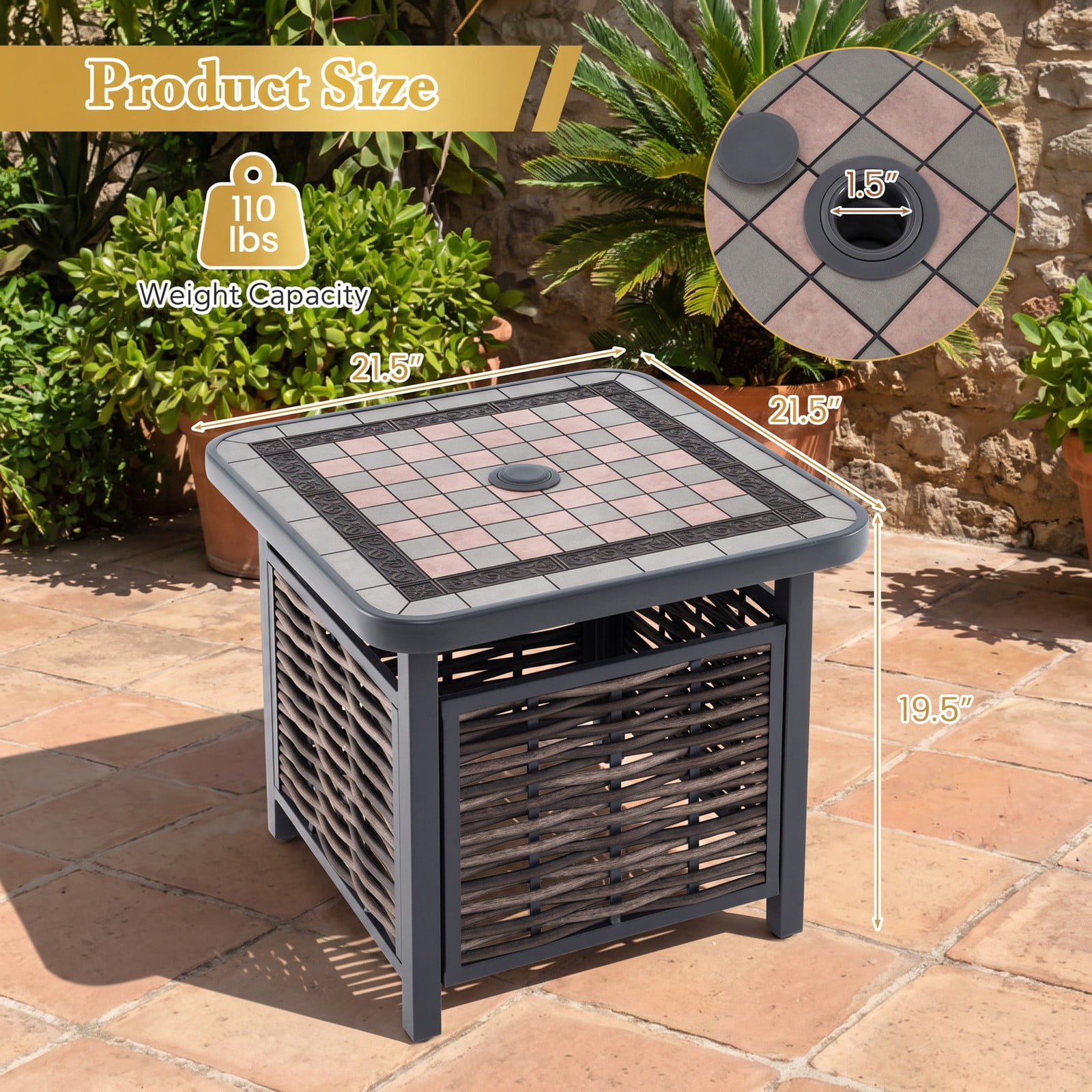 Furnibear 21.5 Inch Square Outdoor PE Rattan Patio Side Table with Umbrella Hole for the Backyard and Poolside, Black and Brown