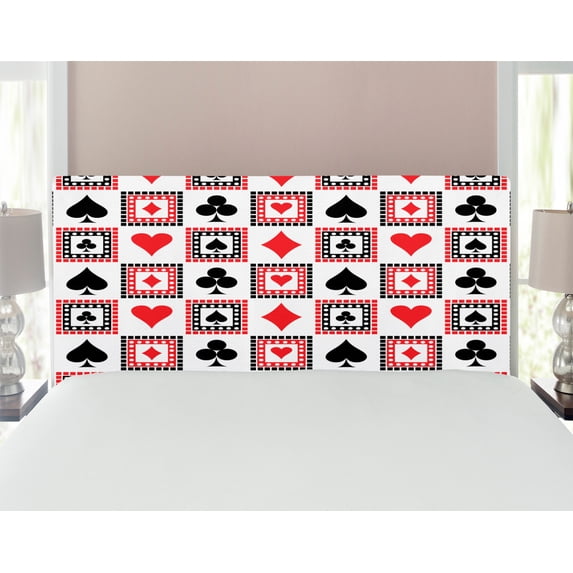 Casino Headboard, Playings Cards Clubs Hearts Symmetrical Geometric Repeating Ornamental, Upholstered Decorative Metal Bed Headboard with Memory Foam, Full Size, Scarlet Black, by Ambesonne