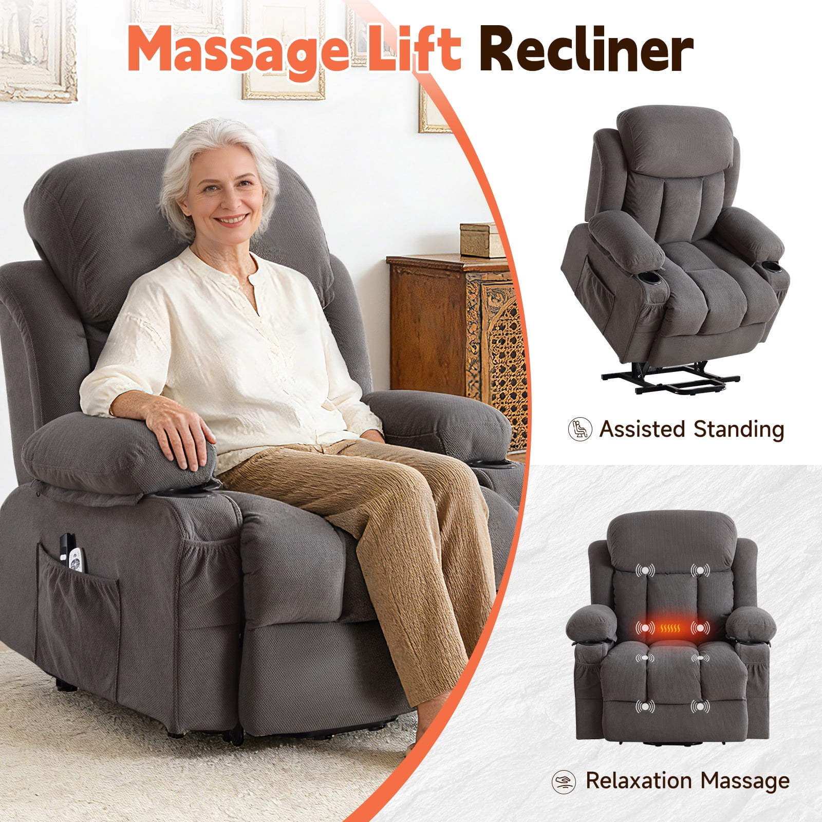 UHOMEPRO Lift Recliner Chair for Elderly and Adult, Electric Recliner with Heat and Vibration Massage, Remote Control, USB Port, Side Pockets & Cup Holders, Gray