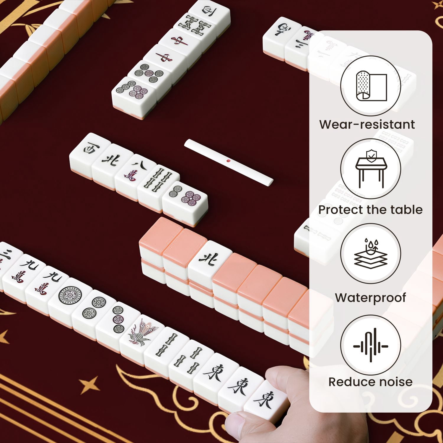 Mahjong Mat 31.5" x 31.5" Elegant Gold Bamboo Cloud Geometric Dark Red Non-Slip Noise Reduction Mahjong Tiles Table Cover for Dominoes Poker Card Board and Tile Games