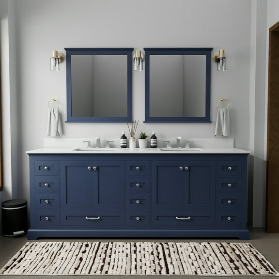 Dukes 48 in W Navy Blue Double Vanity, Carrara Marble Top, Faucet Set, and 46 in Mirror
