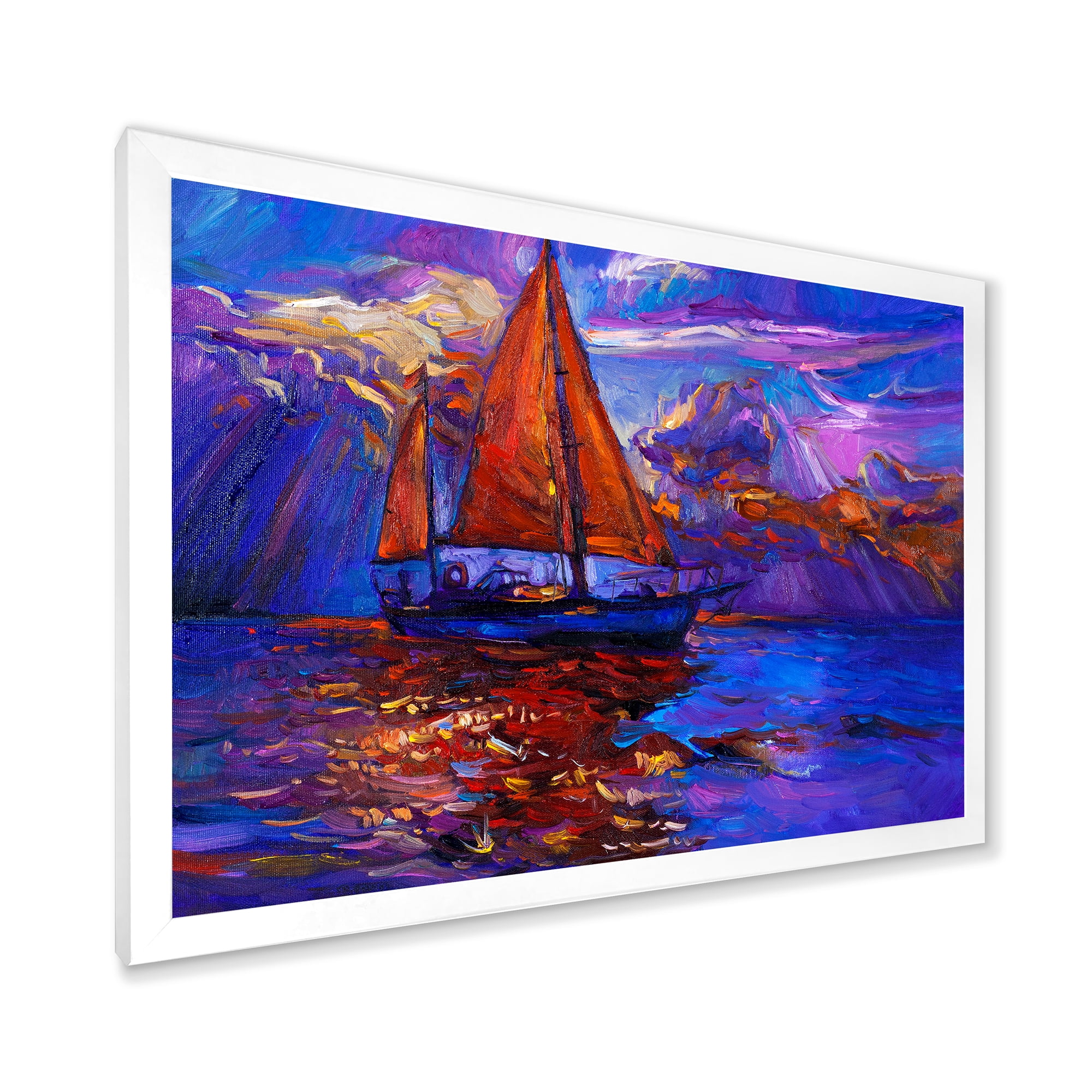 Designart 'Red Sail Ship On Purple Sunset in Blue Ocean' Nautical & Coastal Framed Art Print