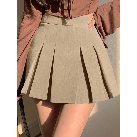 Khaki Pleated A-Line Skirt For Women, Academic Style Fall Mini Skirt