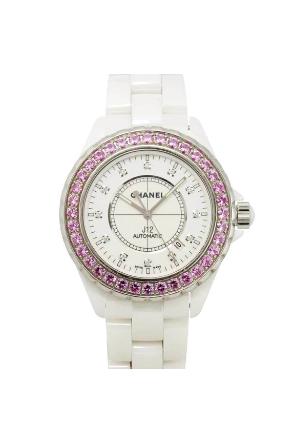 Pre-Owned Chanel J12 42mm H2011 Men's Watch, Date, 12 Diamonds, Pink Sapphire Bezel, White...