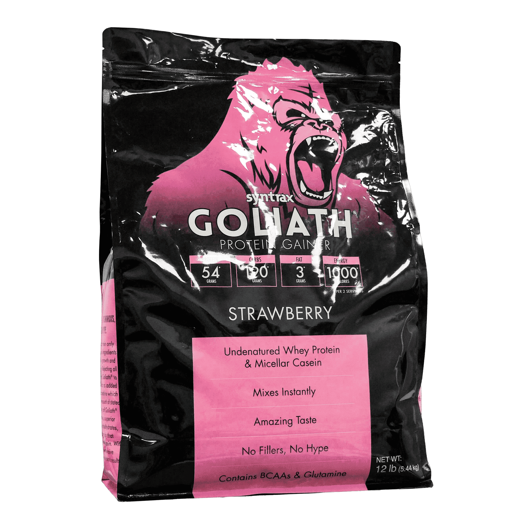 Syntrax Goliath Mass Gainer Protein Powder, Undenatured Whey & Micellar Casein, Strawberry, 12 lb