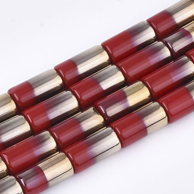Half Electroplate Opaque Glass Beads Strands Column Red 19.5~20x10mm Hole: 1.4mm about 17pcs/strand 13.38 inch