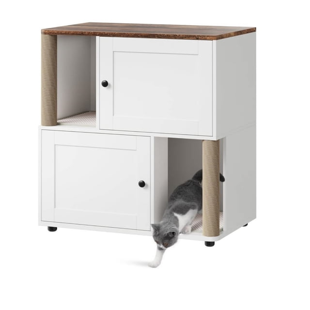 Ourlova 2 Tier Enclosed Litter Box Enclosure with Scratching Post and Dual Mats White