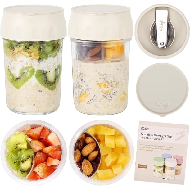 Recipientes para avena durante la noche Soligt con tapas, cucharas plegables y compartimentos divididos para frutas y frutos secos, frascos de vidrio pequeños de 16 oz para parfait de avena y yogur