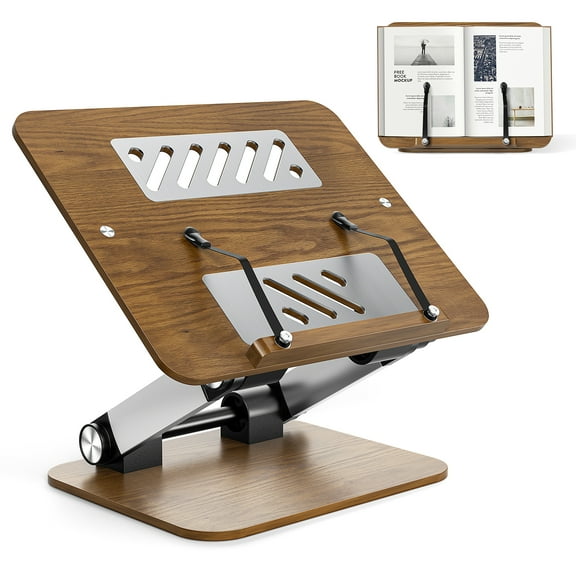 YTAKY Book Stand for Reading,Adjustable Book Holder with 360° Swivel Base & Page Clips,Wooden Panel Aluminium Base,Suitable for Music Scores, Recipe, Tablet, Laptop