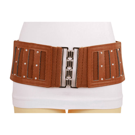 Women Brown Elastic Band Wide Fashion Belt Silver Metal Buckle S M
