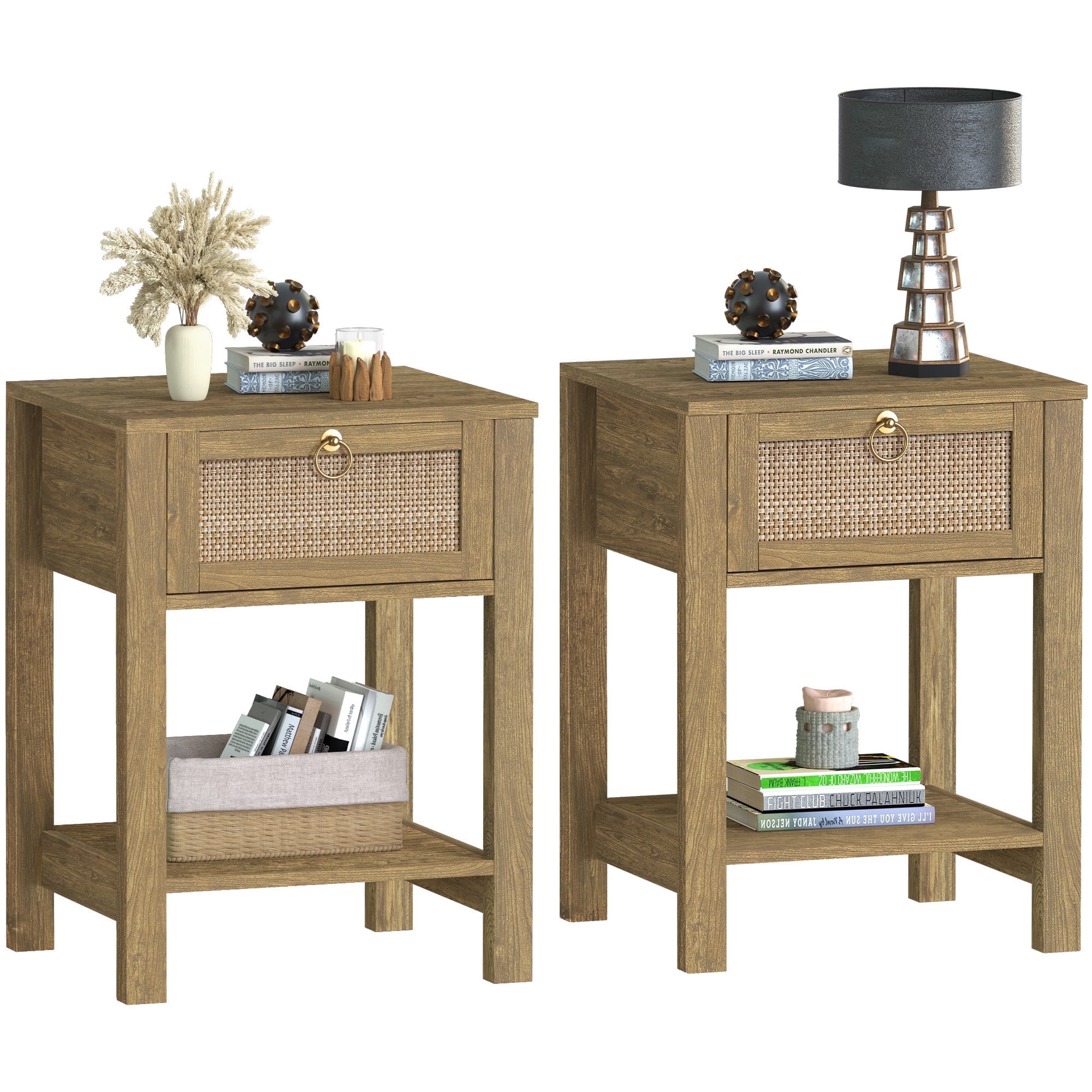 SICOTAS Rattan Nightstands Set of 2, Cherry Farmhouse Boho End Side Table with Drawers, Engineered Wood Accent Bedside Table for Bedroom, Living Room