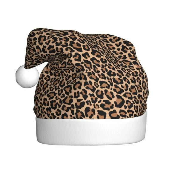 Fuzoiu Brown Leopard Print Santa Hat Christmas Hat for Adults,Santa Hats with Pompom, Unisex Xmas Holiday Hat for Christmas New Year Festive Party Supplies