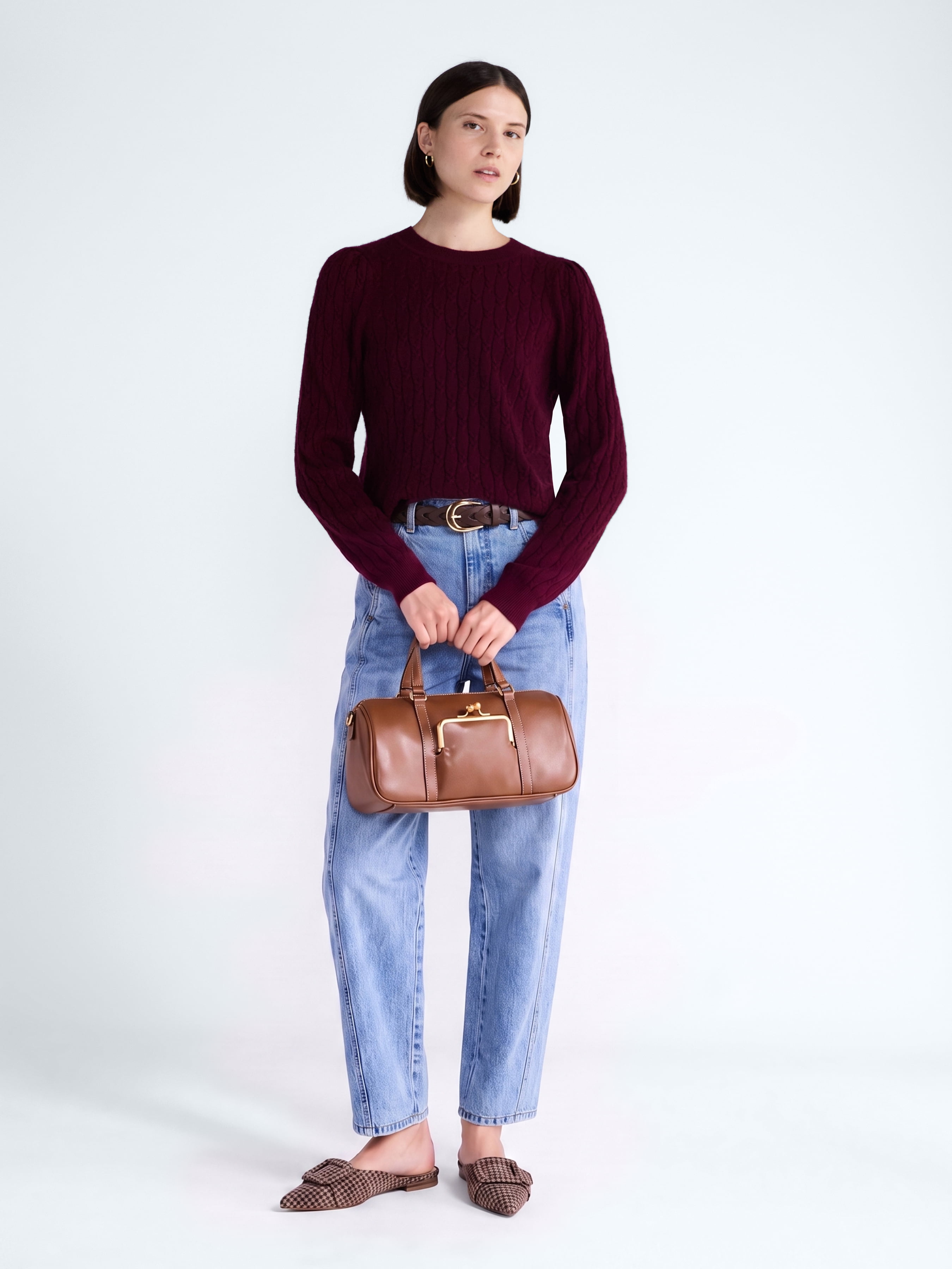 Free Assembly Women's and Women's Plus Cashmere Cable Knit Sweater with Puff Sleeves, Midweight, Sizes XS-4X
