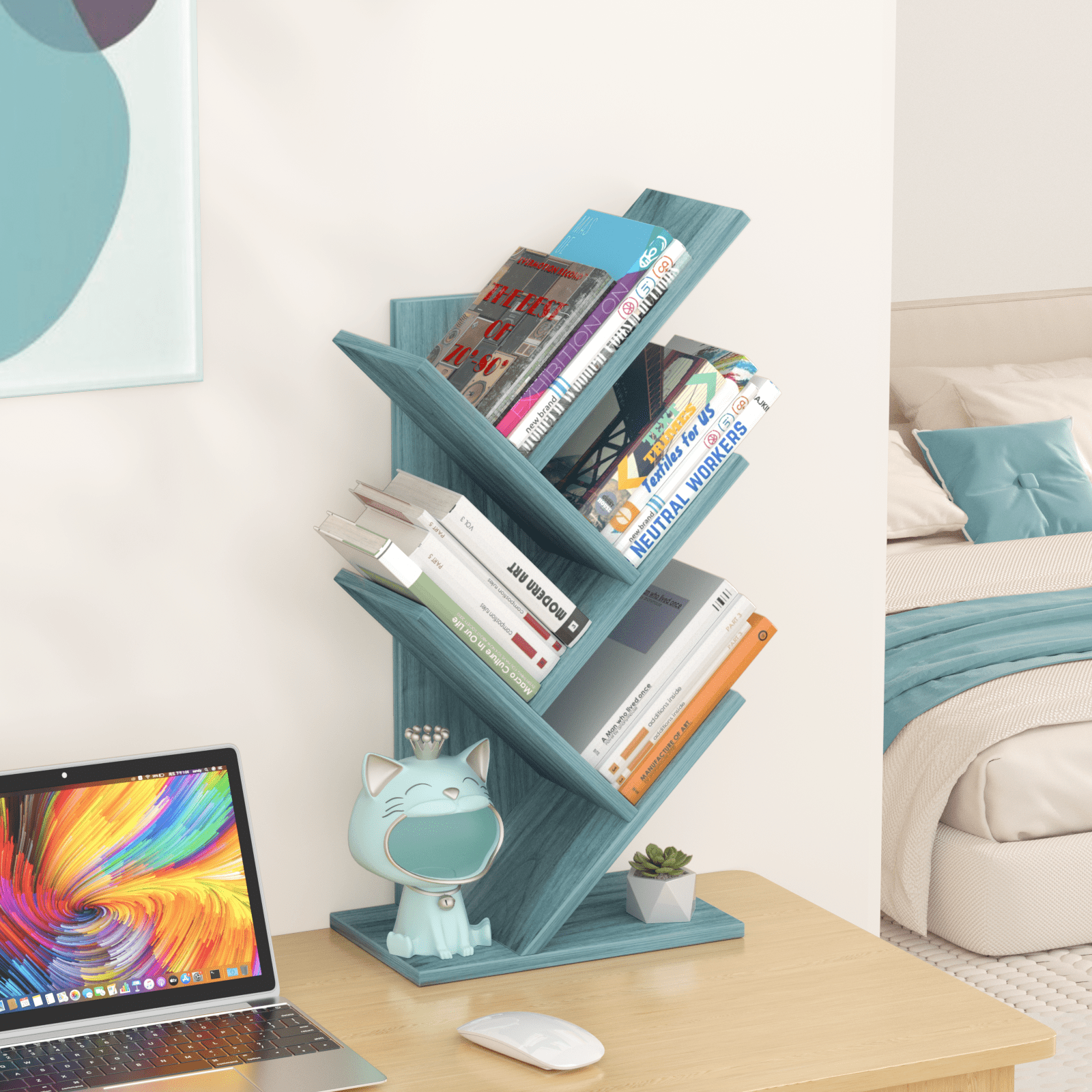 LELELINKY 5 Tier Tree Book Shelf, Small Desktop Bookshelf with Storage Organizer, Floor Standing Organizer Bookcases for CDs, Magazine, Books - Blue