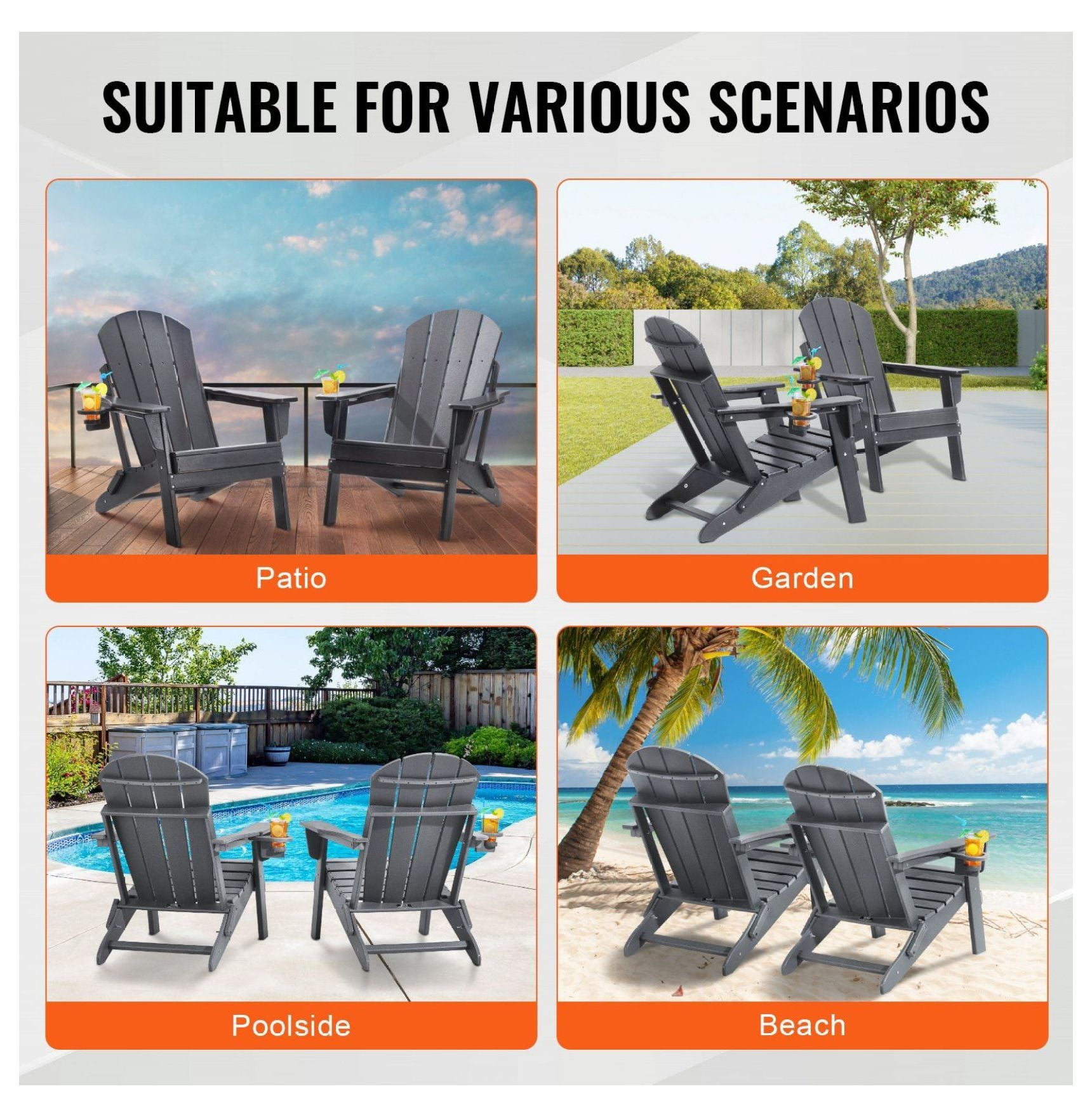 Adirondack Chairs Set of 2, Plastic Folding Outdoor Patio Furniture, All-Weather Fire Pit Chairs, Gray