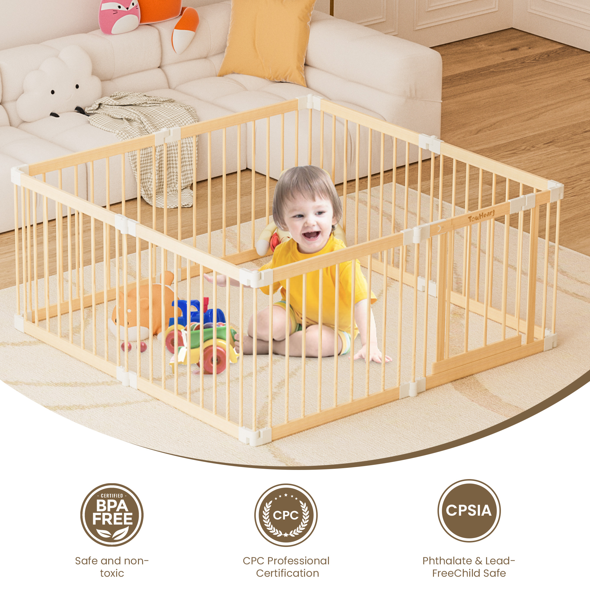 TouHeart Wooden Playpen for Baby & Toddlers, Foldable Large Baby Safe Play Fence Yards With Gate, 8 Panels, 69"x69"x24"