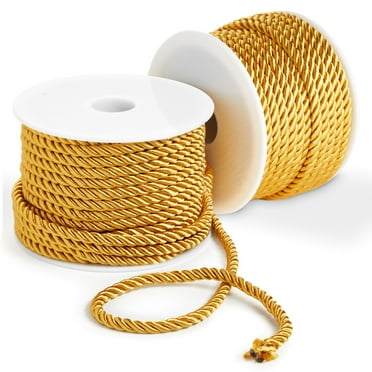 36 Total Yards 5mm Twisted Gold Cord for Crafts, Gold Rope Ribbon for Sewing, Upholstery Trim, and Household Decorations, 2 Rolls of 0.2 Inch Reinforced Polyester Cordage, 18 Yards per Roll