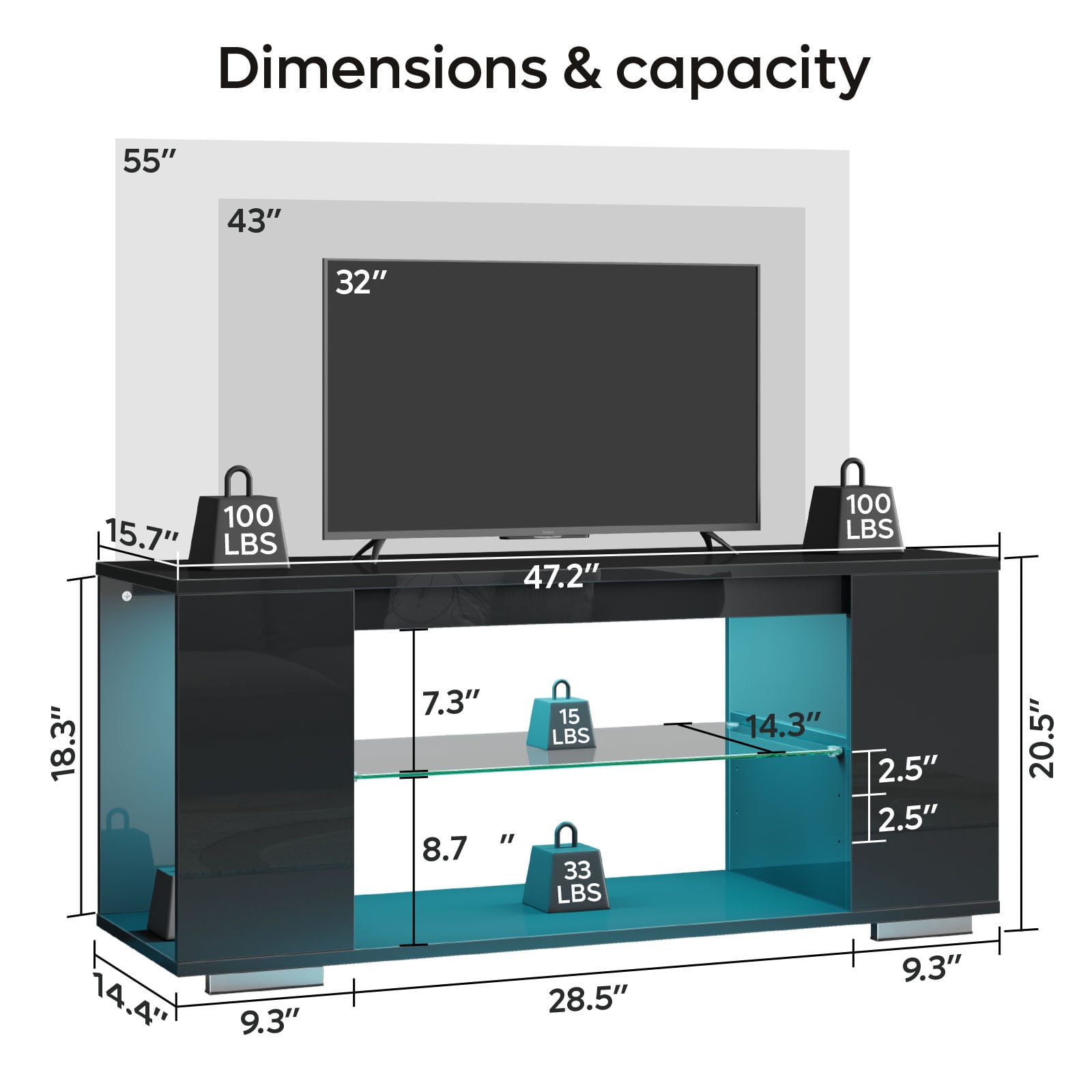 Pinmoco 47" TV Stand with LED Lights, Black photo 5