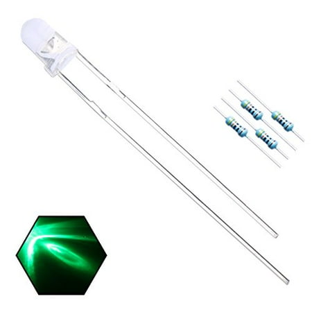 

EDGELEC 100pcs 3mm Green Lights LED Diodes Clear Round Lens 29mm Long Lead (DC 3V) +100pcs Resistors (for DC 6-12V) Included Bright Bulb Lamps Light Emitting Diode
