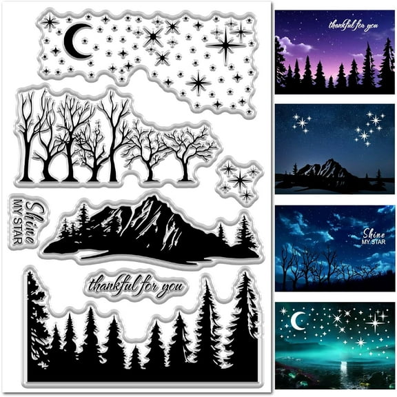 Forest Mountain Clear Stamp for Card Making Star Pine Tree Starry Moon Lake Vintage Rubber Silicone Reusable Transparent for Journaling DIY Scrapbooking Embossing Album Photo Craft Decor Colorful